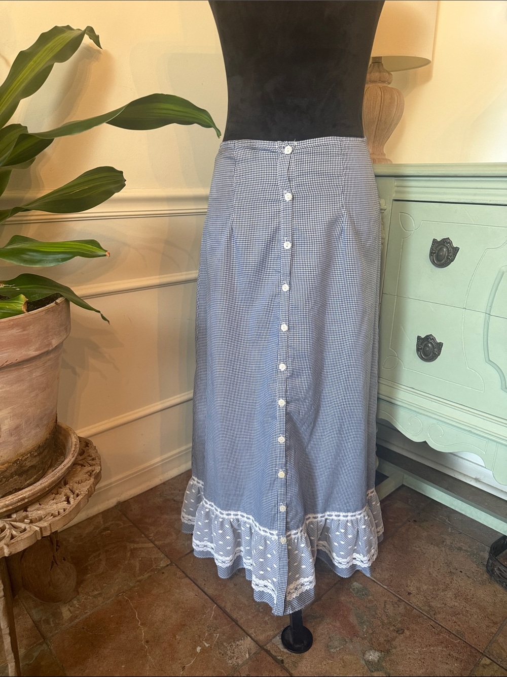 Light Blue Gingham Button-Front Maxi Skirt with Lace Hem